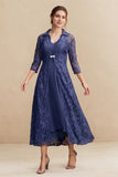 Navy A-Line/Princess Chiffon V-Neck Tea-Length Mother of the Bride Dress