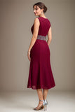 Burgundy Sheath/Column Chiffon Scoop Tea-Length Mother of the Bride Dress With Beading