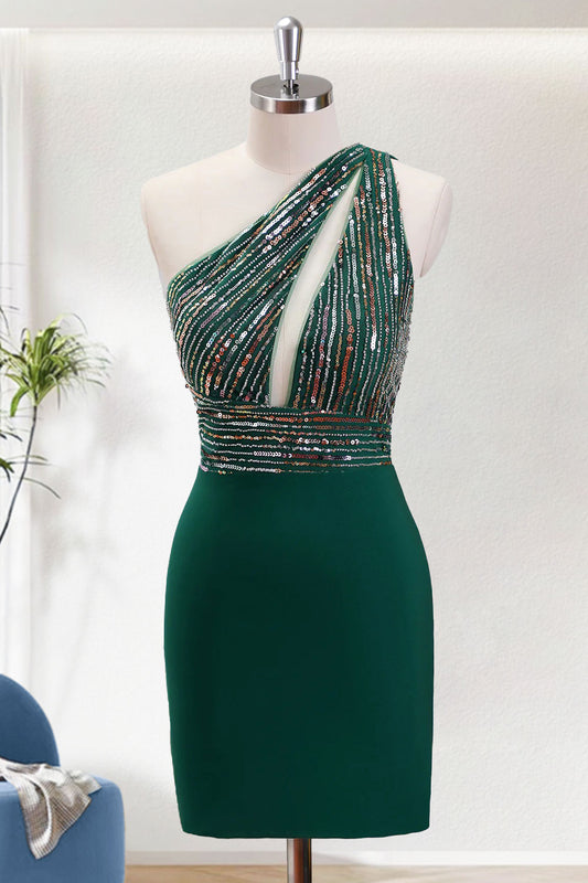 Dark Green Sequins Bodycon One Shoulder Short Homecoming Dress