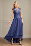 Navy A-Line/Princess Chiffon Scoop Short Sleeves Asymmetrical Mother of the Bride Dresses With Applique