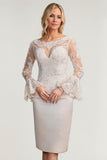 White Sheath/Column Satin Lace Scoop Long Sleeves Knee-Length Mother of the Bride Dress