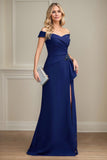 Navy Sheath Stretch Crepe Off-the-Shoulder Floor-Length Mother of the Bride Dress With Applique