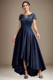 Navy A-Line Scoop Asymmetrical Satin Mother of the Bride Dress With Applique Lace