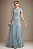 Blue A-Line Tulle Scoop Short Sleeves Floor-Length Mother of the Bride Dress With Applique Lace