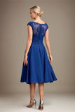 Blue A-Line Chiffon Lace Scoop Sleeveless Knee-Length Mother of the Bride Dress With Appliques