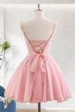 Pink A-Line Spaghetti Straps Short Homecoming Dress With Appliques