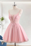 Pink A-Line Spaghetti Straps Short Homecoming Dress With Appliques