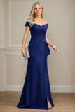 Navy Sheath Stretch Crepe Off-the-Shoulder Floor-Length Mother of the Bride Dress With Applique