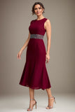 Burgundy Sheath/Column Chiffon Scoop Tea-Length Mother of the Bride Dress With Beading