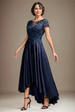 Navy A-Line Scoop Asymmetrical Satin Mother of the Bride Dress With Applique Lace