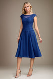 Blue A-Line Chiffon Lace Scoop Sleeveless Knee-Length Mother of the Bride Dress With Appliques