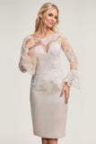 White Sheath/Column Satin Lace Scoop Long Sleeves Knee-Length Mother of the Bride Dress