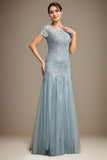 Blue A-Line Tulle Scoop Short Sleeves Floor-Length Mother of the Bride Dress With Applique Lace