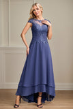 Navy A-Line/Princess Chiffon Scoop Short Sleeves Asymmetrical Mother of the Bride Dresses With Applique