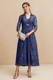 Navy A-Line/Princess Chiffon V-Neck Tea-Length Mother of the Bride Dress