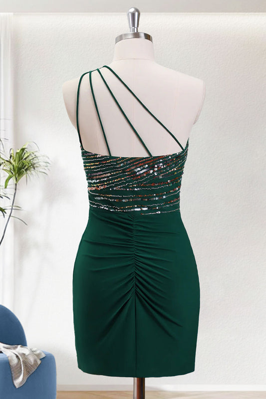 Dark Green Sequins Bodycon One Shoulder Short Homecoming Dress