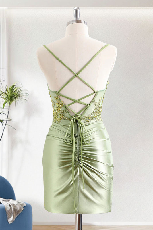 Sage Bodycon Spaghetti Straps Short Corset Homecoming Dress With Appliques