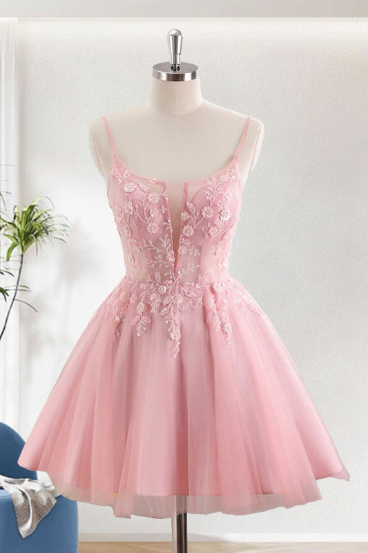 Pink A-Line Spaghetti Straps Short Homecoming Dress With Appliques