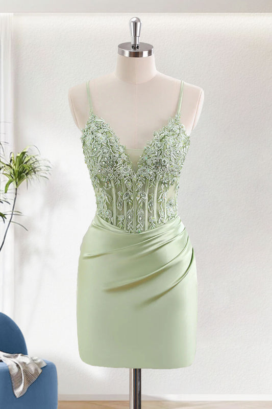 Green Bodycon Spaghetti Straps Short Corset Homecoming Dress With Appliques