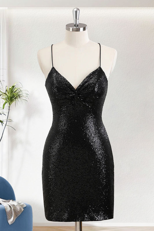 Black Bodycon Spaghetti Straps Short Homecoming Dress