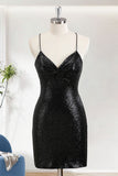 Black Bodycon Spaghetti Straps Short Homecoming Dress