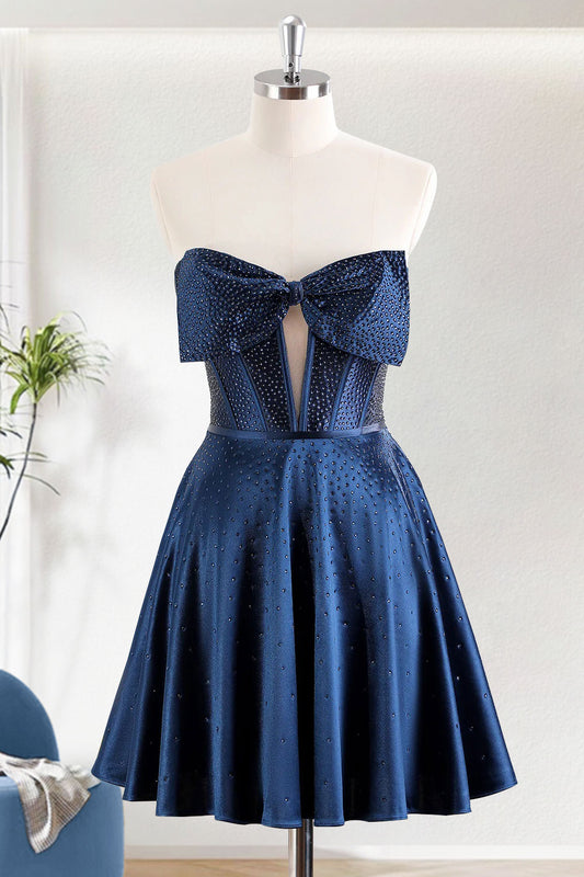 Dark Navy A-Line Strapless Short Corset Homecoming Dress