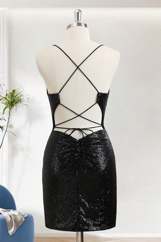 Black Bodycon Spaghetti Straps Short Homecoming Dress