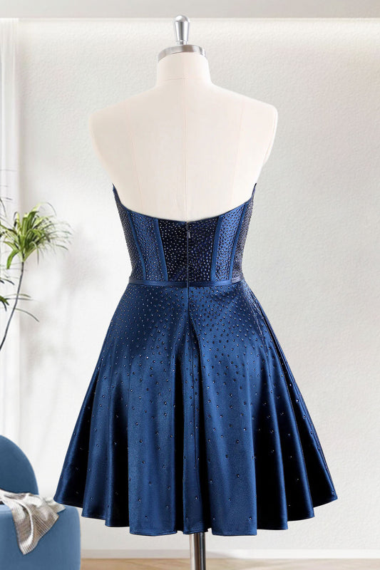 Dark Navy A-Line Strapless Short Corset Homecoming Dress