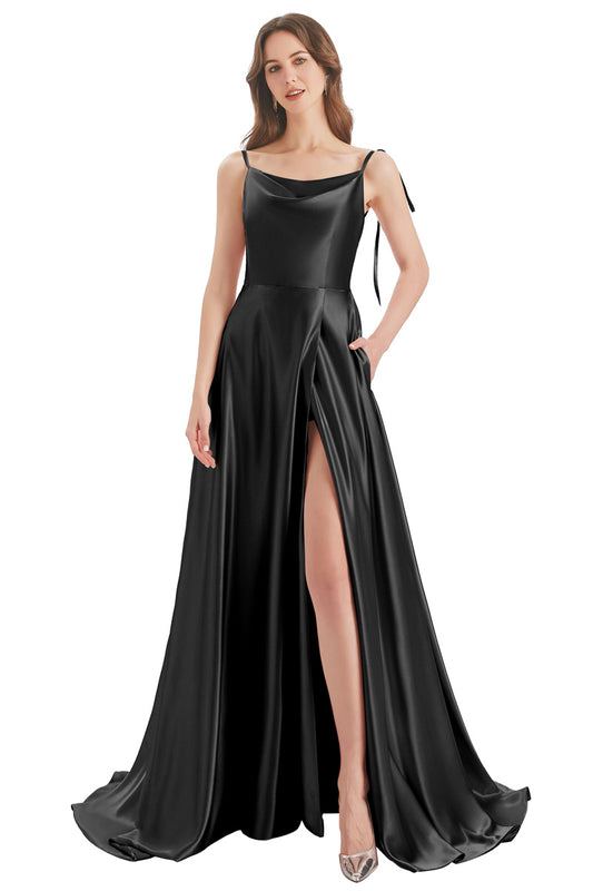 Black A-Line Bateau Long Bridesmaid Dress With Slit