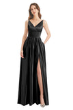 Black A-Line V-Neck Long Prom Dress With Slit