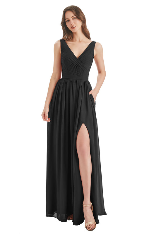 Black Sheath V-Neck Long Prom Dress With Slit