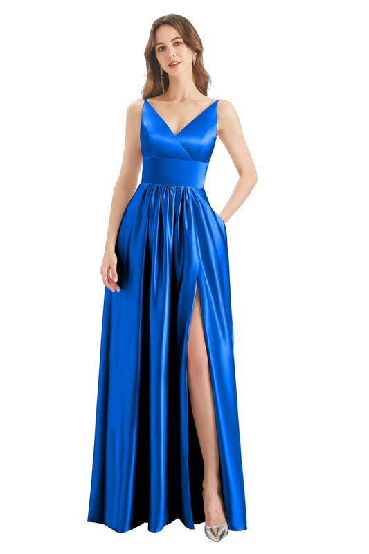 Blue A-Line V-Neck Long Bridesmaid Dress With Slit