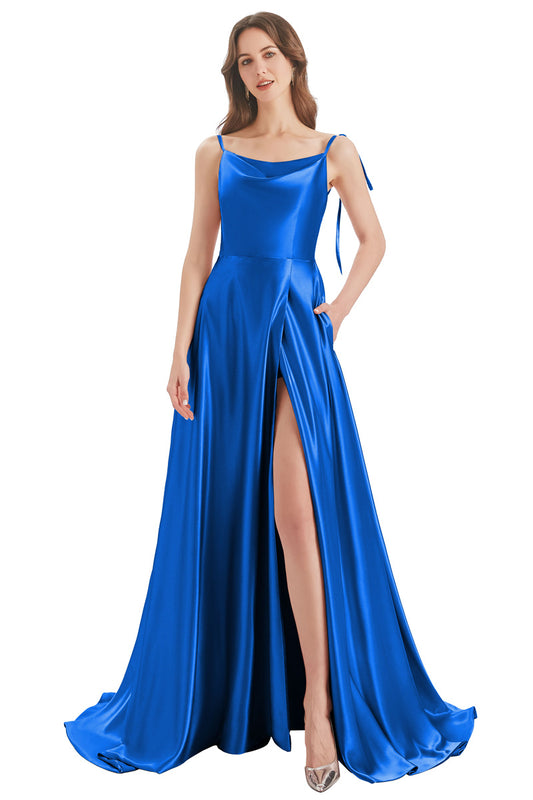 Blue A-Line Bateau Long Bridesmaid Dress With Slit