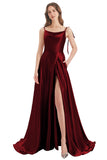 Burgundy A-Line Bateau Long Bridesmaid Dress With Slit