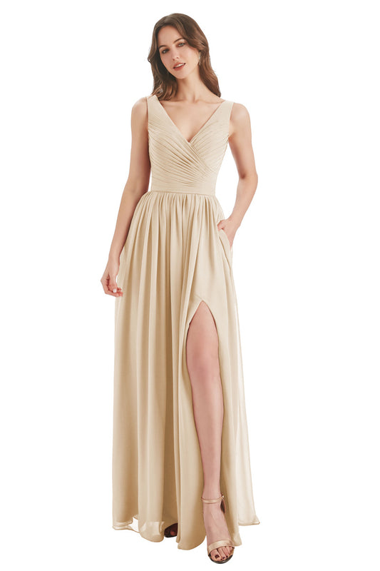 Champagne Sheath V-Neck Long Prom Dress With Slit