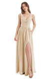 Champagne Sheath V-Neck Long Prom Dress With Slit