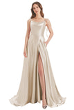 Champagne A-Line Bateau Long Bridesmaid Dress With Slit