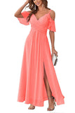 Coral A-Line V-Neck Long Bridesmaid Dress With Slit