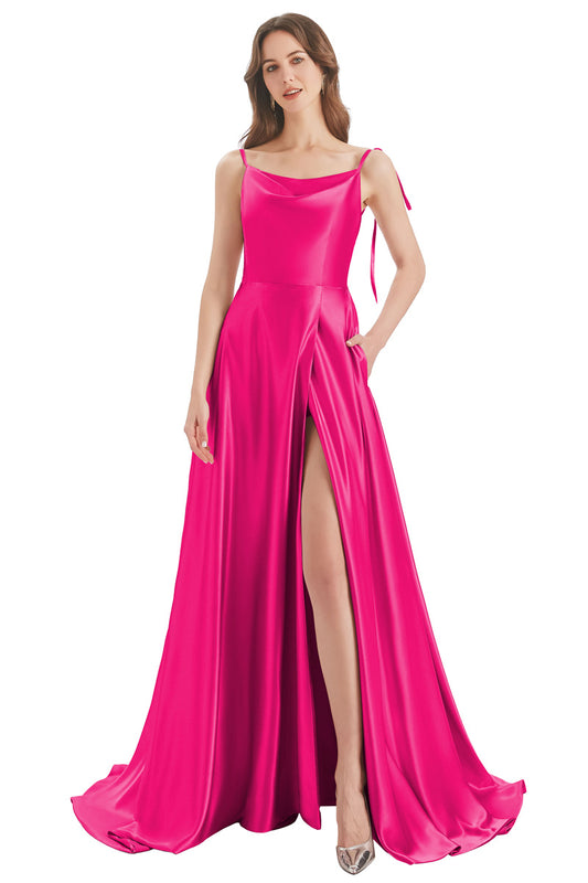 Fuchsia A-Line Bateau Long Prom Dress With Slit