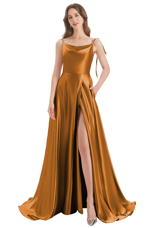 Gold A-Line Bateau Long Bridesmaid Dress With Slit