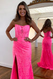 Gorgeous Mermaid Strapless Sweep Train Lace Prom Dress With Slit