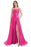 Hot Pink A-Line Bateau Long Bridesmaid Dress With Slit