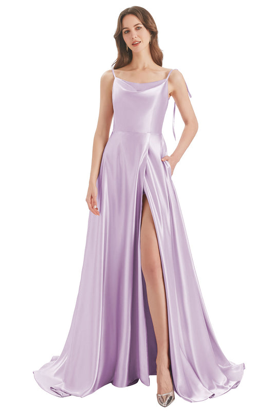 Lavender A-Line Bateau Long Prom Dress With Slit