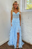 Light Blue A-Line Sweetheart Long Lace And Chiffon Prom Dress With Slit