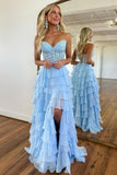 Light Blue A-Line Sweetheart Long Lace And Chiffon Prom Dress With Slit