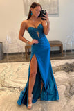 Navy Blue Sweetheart Mermaid Long Satin Prom Dress With Split