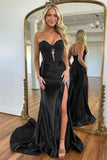 Navy Blue Sweetheart Mermaid Long Satin Prom Dress With Split