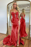 Navy Blue Sweetheart Mermaid Long Satin Prom Dress With Split