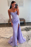 Gorgeous Mermaid Strapless Sweep Train Lace Prom Dress With Slit