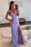 Gorgeous Mermaid Strapless Sweep Train Lace Prom Dress With Slit